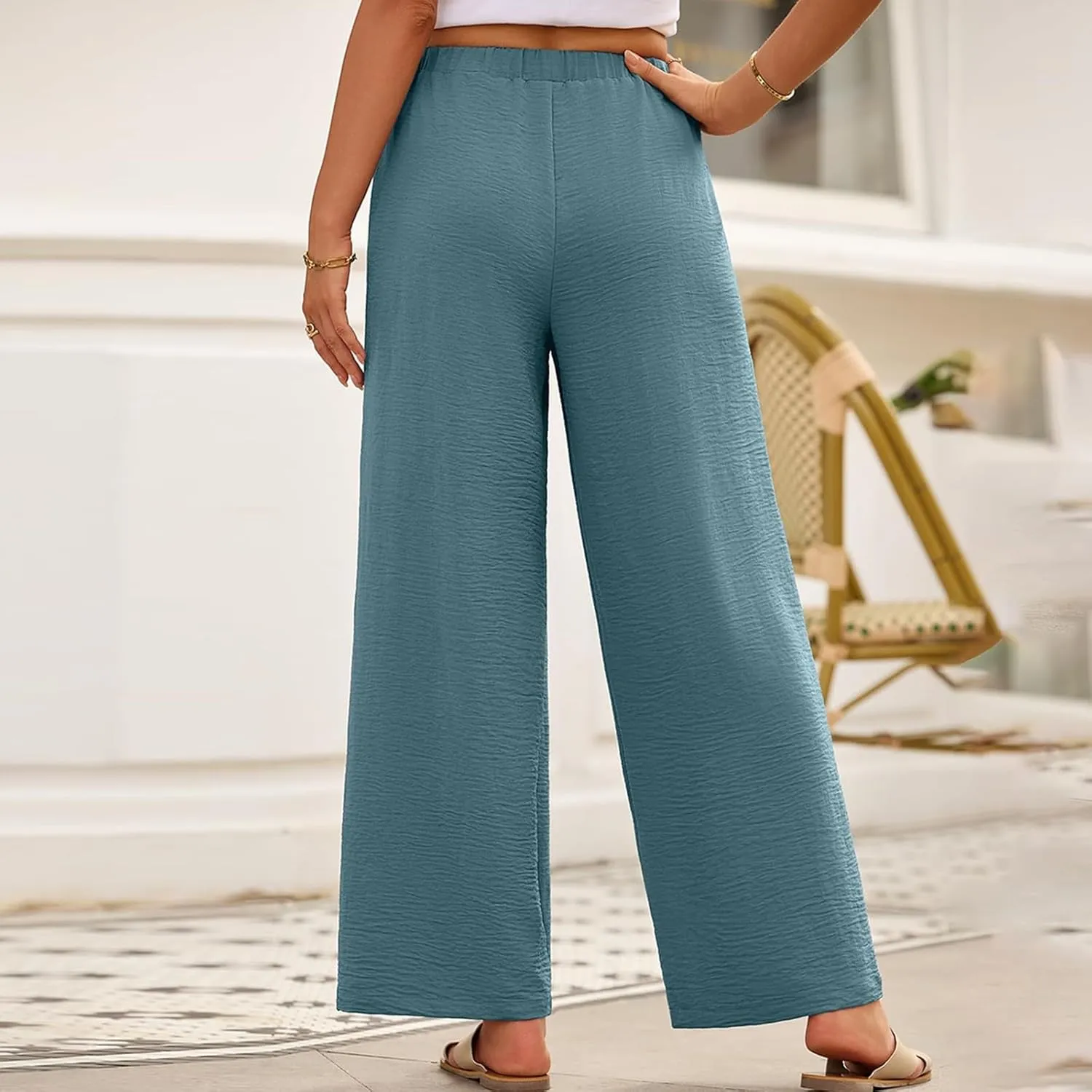 Linen Pants Women 2025 Summer Drawstring Elastic High Waisted Wide Leg Beach Pants Lounge Baggy Vacation Trousers w/Pockets