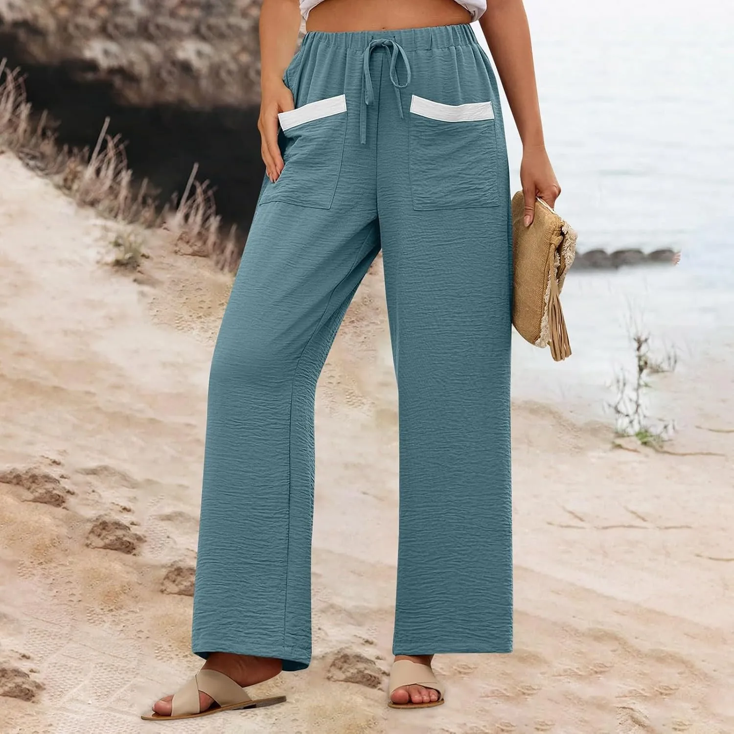 Linen Pants Women 2025 Summer Drawstring Elastic High Waisted Wide Leg Beach Pants Lounge Baggy Vacation Trousers w/Pockets