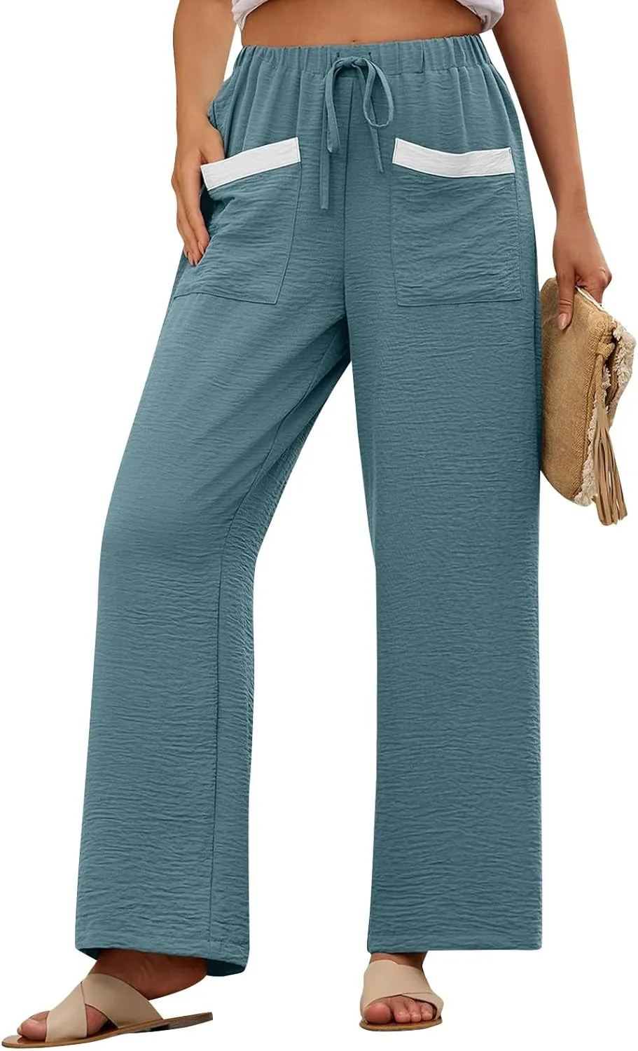 Linen Pants Women 2025 Summer Drawstring Elastic High Waisted Wide Leg Beach Pants Lounge Baggy Vacation Trousers w/Pockets