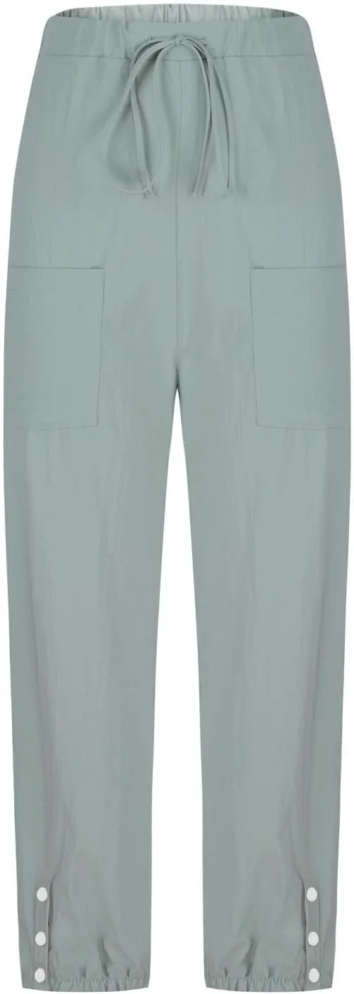 Linen Pants Women Drawstring Capri Pants Summer Casual High Waist Pants Button Slit Trousers Baggy Slacks with Pocket