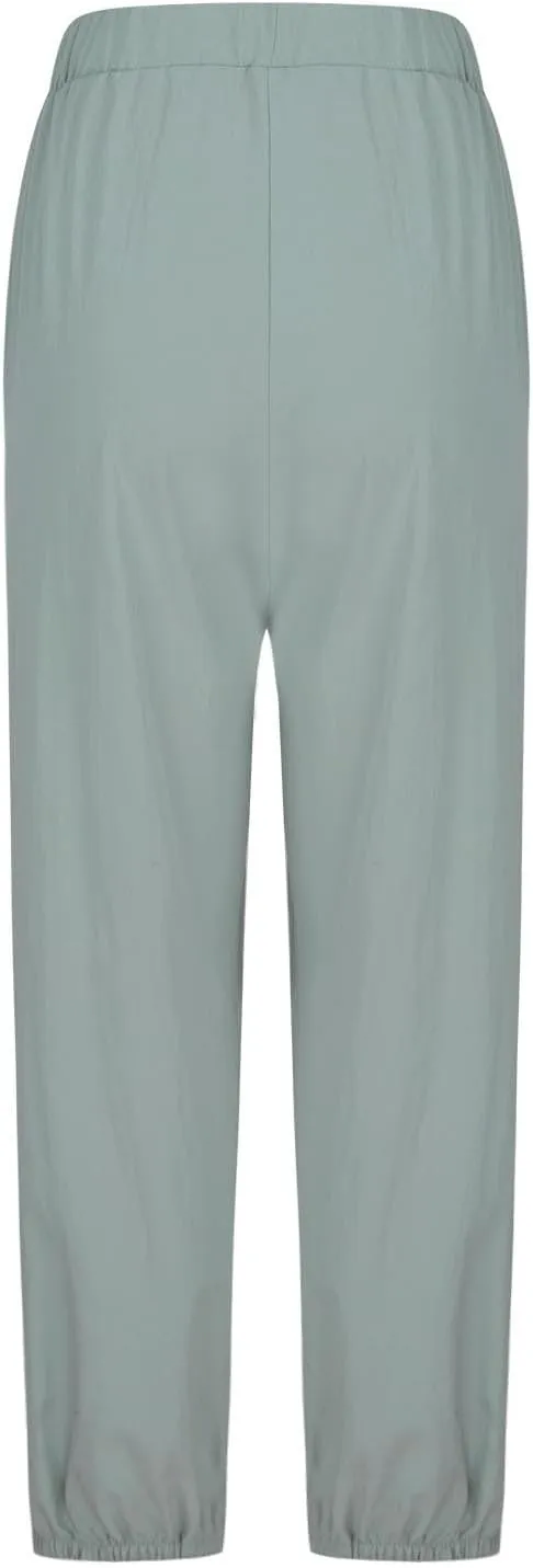 Linen Pants Women Drawstring Capri Pants Summer Casual High Waist Pants Button Slit Trousers Baggy Slacks with Pocket