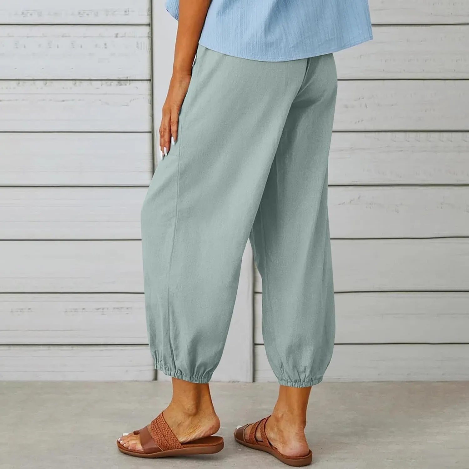 Linen Pants Women Drawstring Capri Pants Summer Casual High Waist Pants Button Slit Trousers Baggy Slacks with Pocket