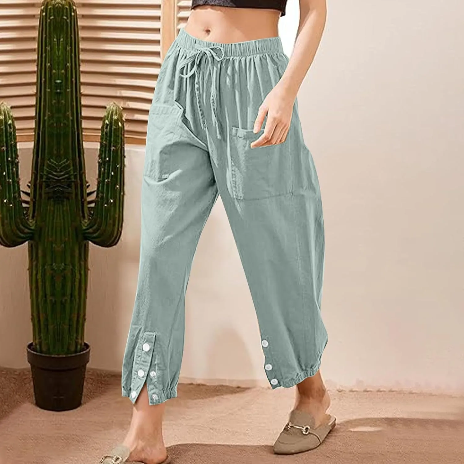 Linen Pants Women Drawstring Capri Pants Summer Casual High Waist Pants Button Slit Trousers Baggy Slacks with Pocket