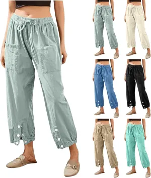 Linen Pants Women Drawstring Capri Pants Summer Casual High Waist Pants Button Slit Trousers Baggy Slacks with Pocket