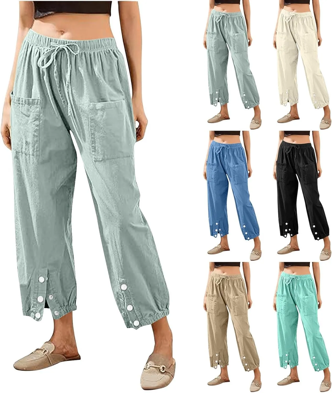 Linen Pants Women Drawstring Capri Pants Summer Casual High Waist Pants Button Slit Trousers Baggy Slacks with Pocket