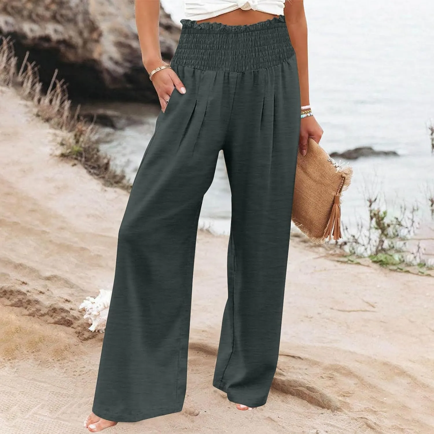 Linen Pants Women Drawstring Waist Wide Leg Linen Pants High Waist Summer Casual Pants Pockets Vacation Beach Trousers