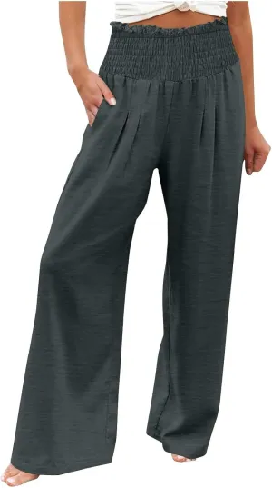 Linen Pants Women Drawstring Waist Wide Leg Linen Pants High Waist Summer Casual Pants Pockets Vacation Beach Trousers