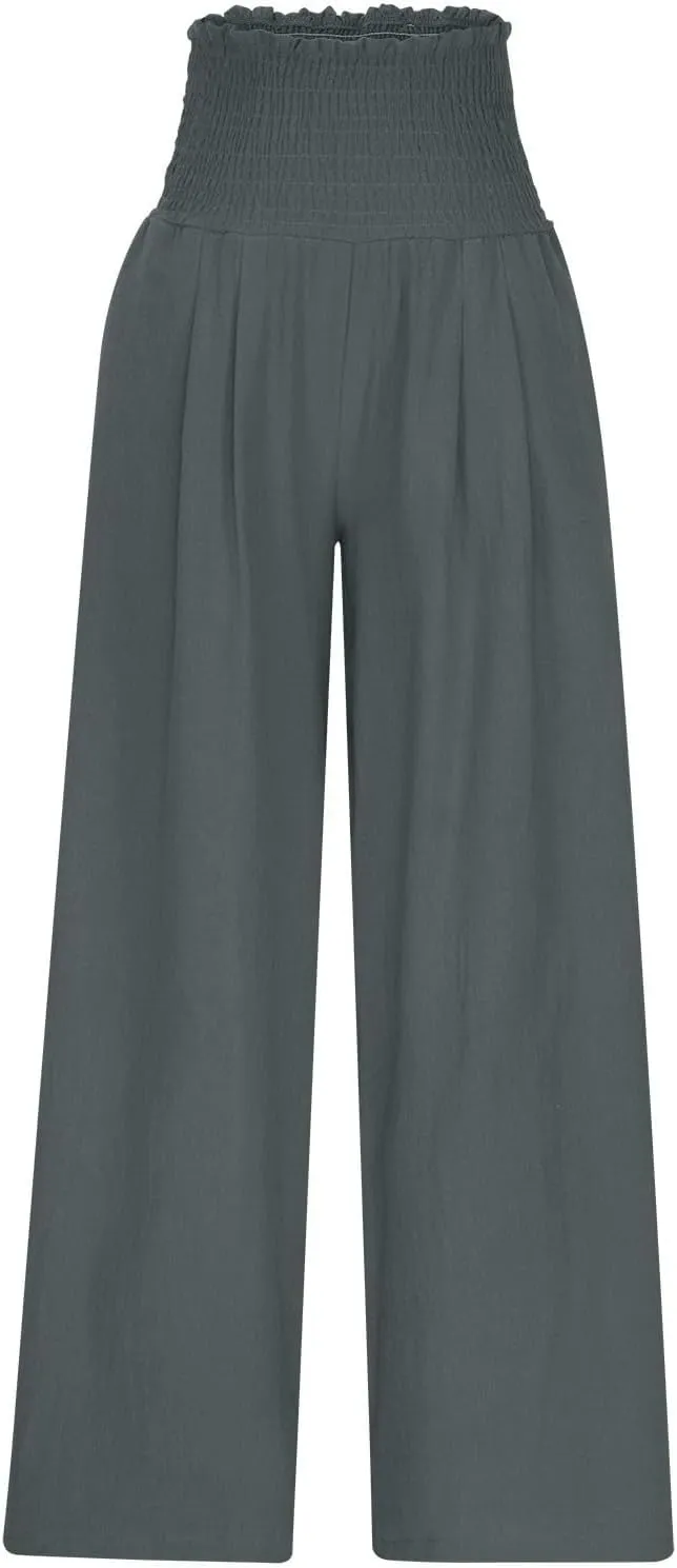 Linen Pants Women Drawstring Waist Wide Leg Linen Pants High Waist Summer Casual Pants Pockets Vacation Beach Trousers