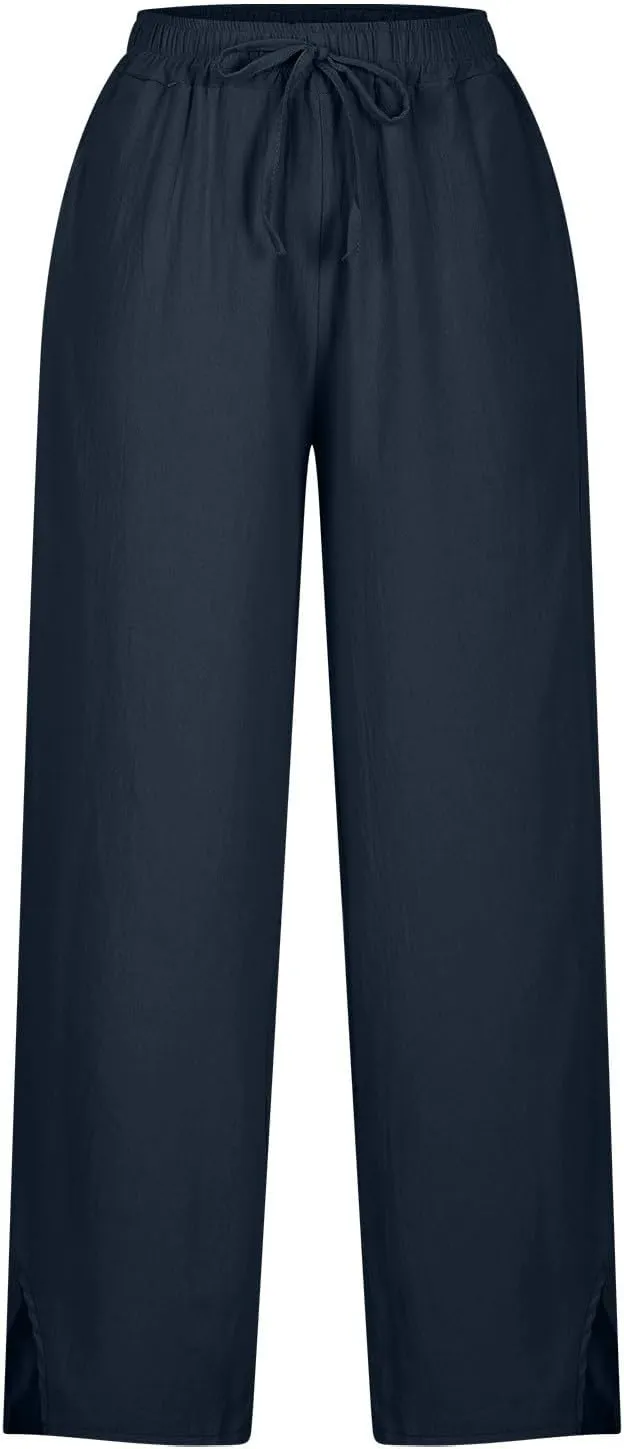 Linen Pants Women High Waisted Elastic Drawstring Beach Pants Casual Loose Lightweight Wide Leg Trousers with Pockets
