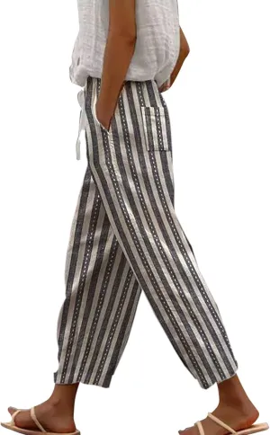 Linen Pants Women Plus Size, Cotton Palazzo Pants for Women, Cropped High Waisted Elastic Waist Dressy Trousers Casual Summer Beach Lounge Trousers Pantalon De Lino para Mujer Camouflage