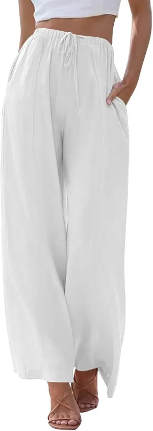 Linen Pants Women Summer Beach Outfits 2025 Solid High Waist Pants with Pockets Lightweight Beach Trousers Casual Sweatpants