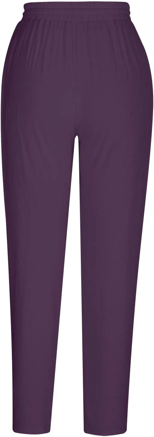 Linen Pants Women Summer Cotton Tapered Pants Drawstring Waist Beach Trousers with Pockets Casual Vacation Outfits
