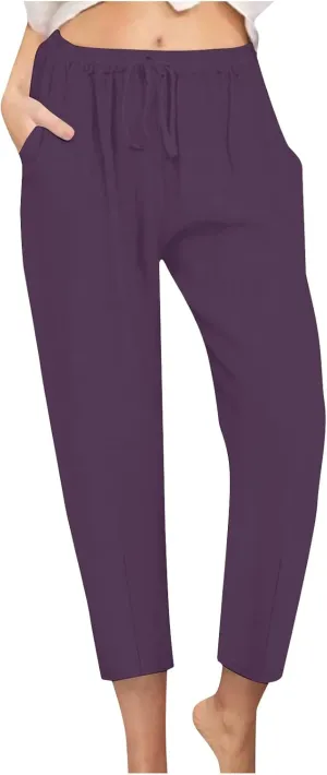 Linen Pants Women Summer Cotton Tapered Pants Drawstring Waist Beach Trousers with Pockets Casual Vacation Outfits