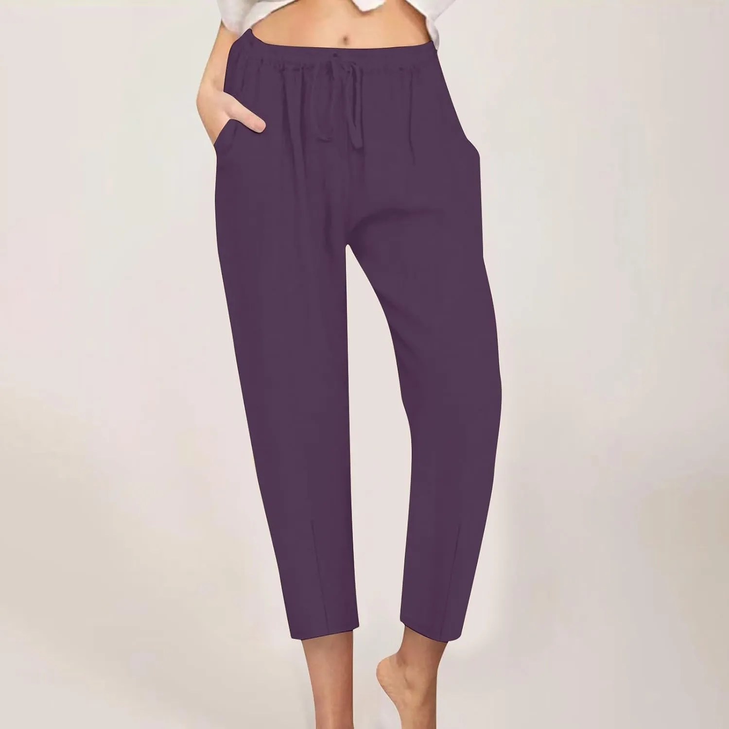 Linen Pants Women Summer Cotton Tapered Pants Drawstring Waist Beach Trousers with Pockets Casual Vacation Outfits