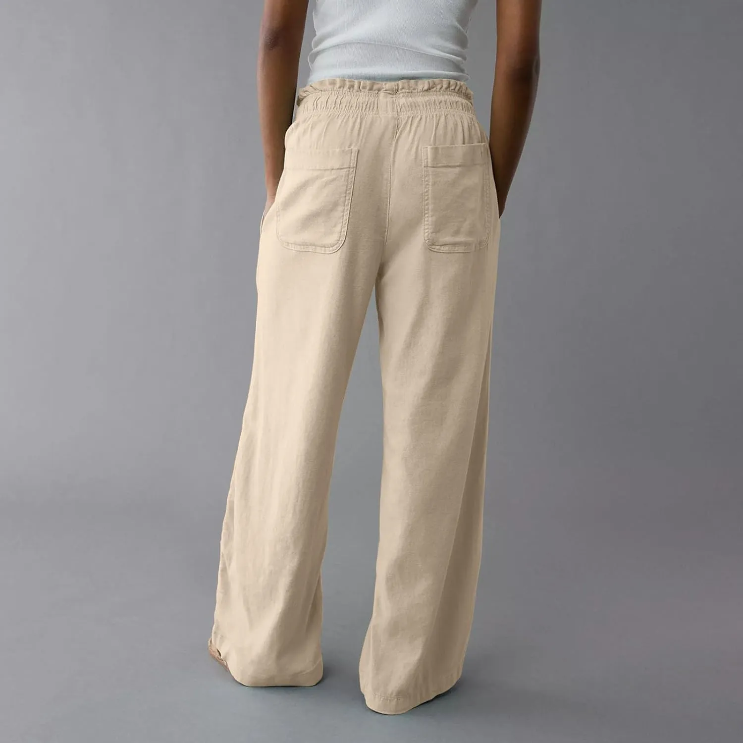 Linen Pants Women Summer Drawstring Elastic Waist Pants Straight Leg Comfy Flowy Cotton Linen Beach Palazzo Trousers