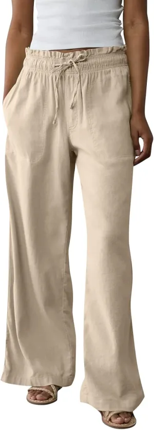 Linen Pants Women Summer Drawstring Elastic Waist Pants Straight Leg Comfy Flowy Cotton Linen Beach Palazzo Trousers