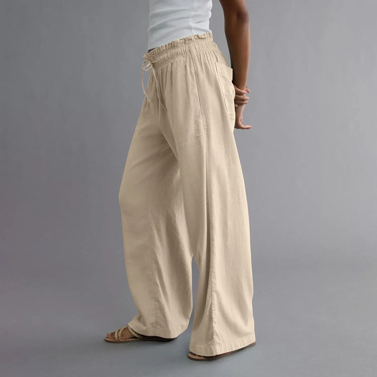 Linen Pants Women Summer Drawstring Elastic Waist Pants Straight Leg Comfy Flowy Cotton Linen Beach Palazzo Trousers