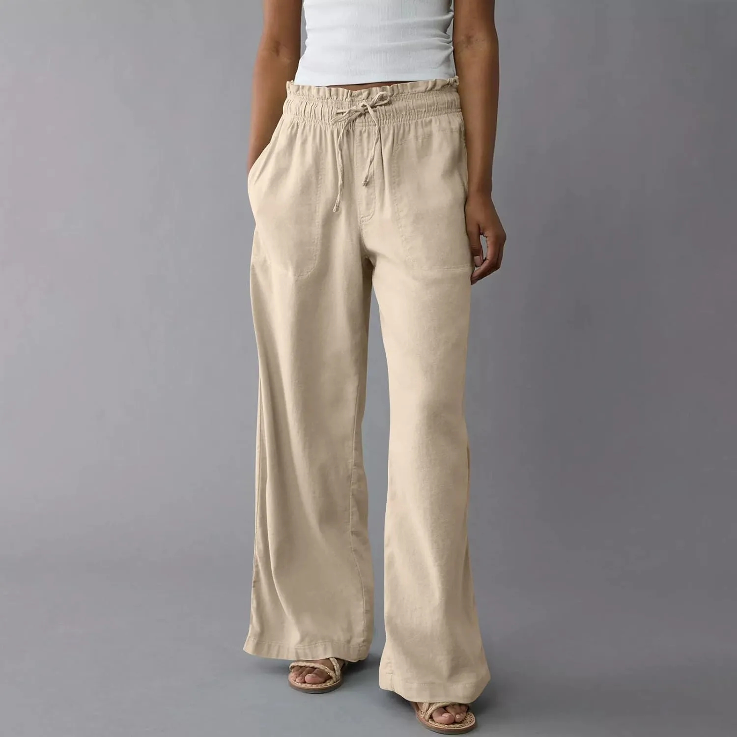 Linen Pants Women Summer Drawstring Elastic Waist Pants Straight Leg Comfy Flowy Cotton Linen Beach Palazzo Trousers