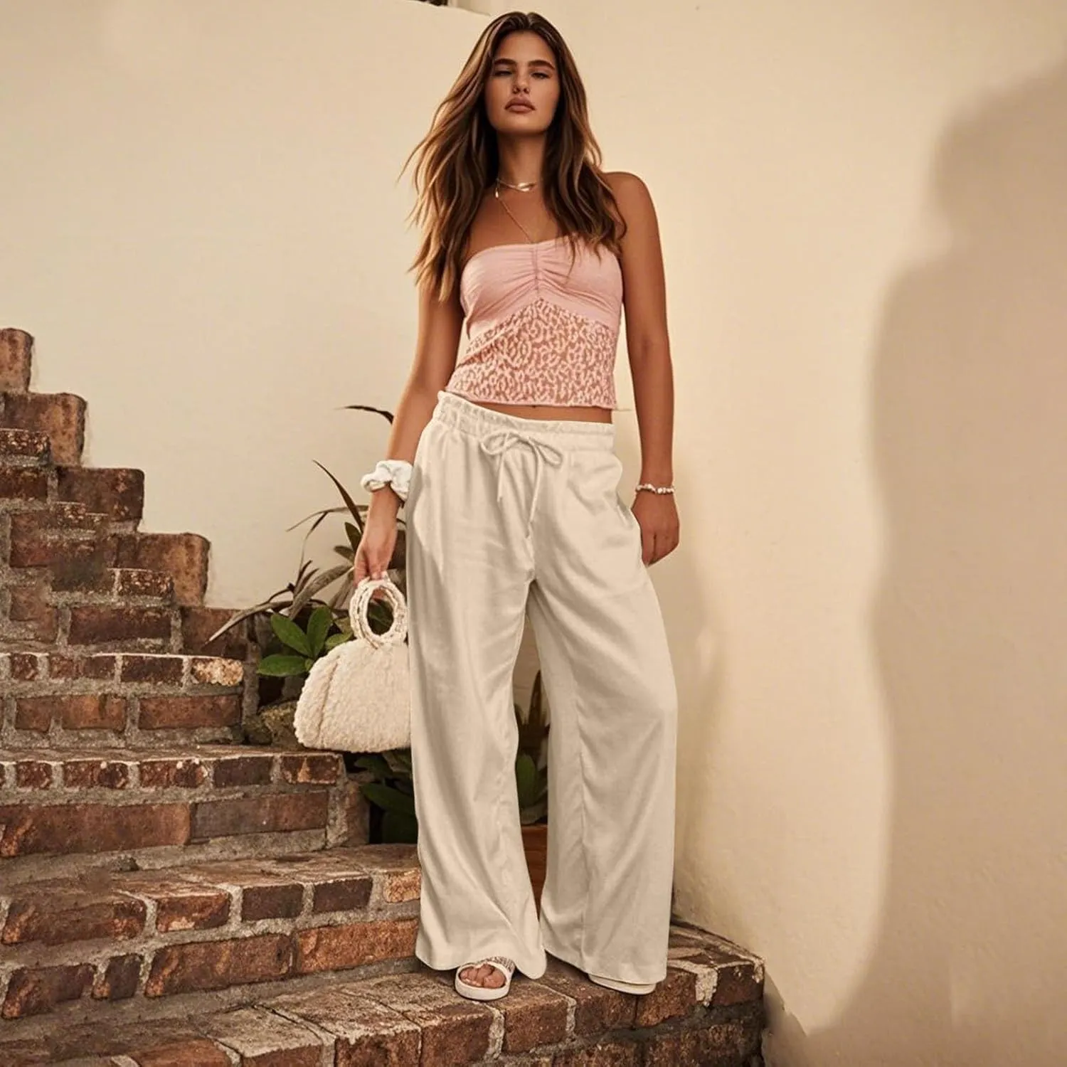 Linen Pants Women Summer Drawstring Elastic Waist Pants Straight Leg Comfy Flowy Cotton Linen Beach Palazzo Trousers