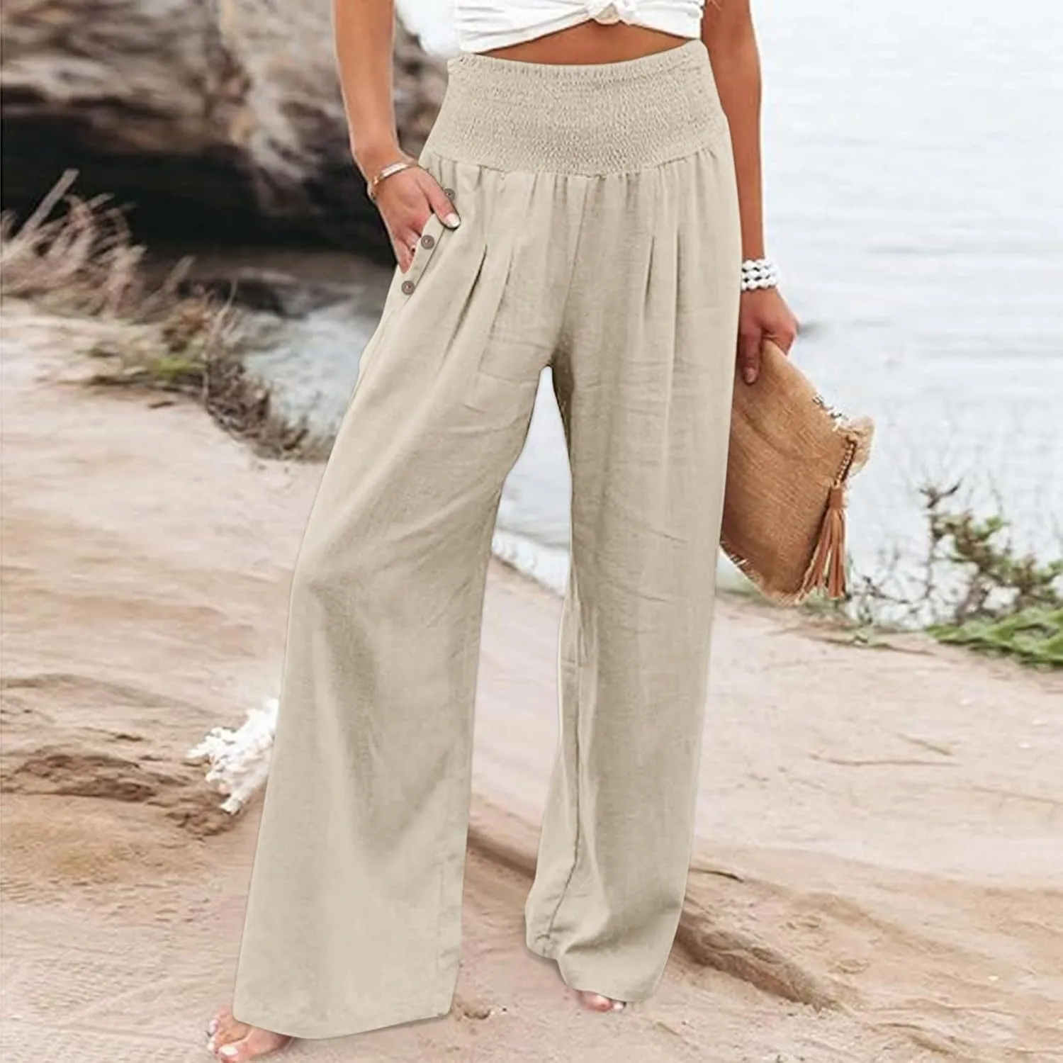 Linen Pants Women Summer Wide Leg Pant Ruffle Hem Loose Fit Boho Beach Palazzo Trousers with Pocket 2025