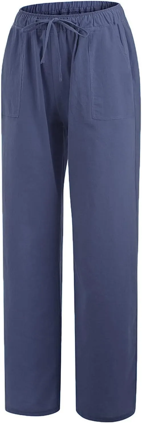 Linen Pants Women Summer, Womens High Waisted Leopard Print Palazzo Pants Belted Wide Leg Long Trousers with Pockets