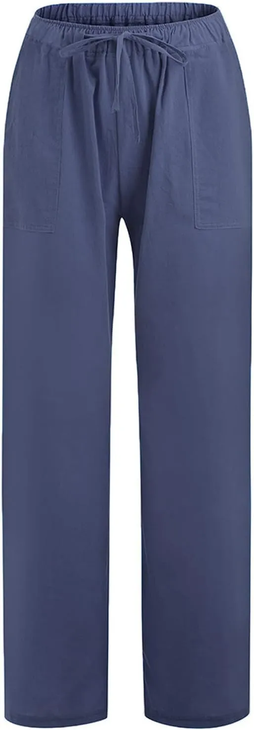 Linen Pants Women Summer, Womens High Waisted Leopard Print Palazzo Pants Belted Wide Leg Long Trousers with Pockets