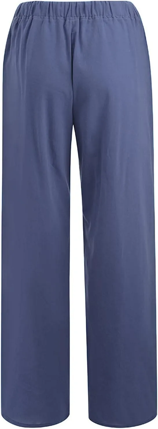 Linen Pants Women Summer, Womens High Waisted Leopard Print Palazzo Pants Belted Wide Leg Long Trousers with Pockets