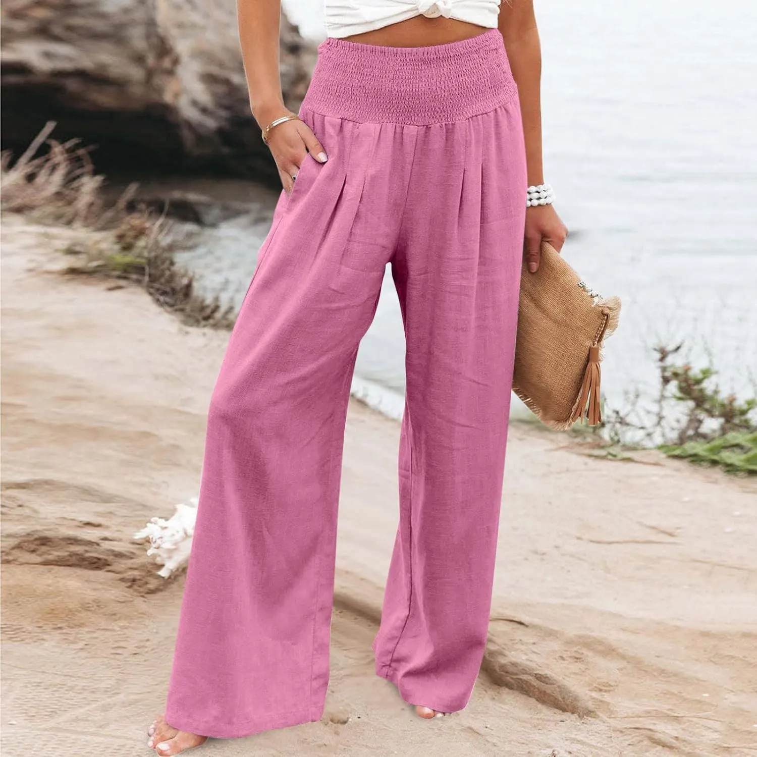 Linen Pants Women Tall High Waist Wide Leg Palazzo Boho Flowy Pants Summer Beach Vacation Lounge Trouser with Pockets
