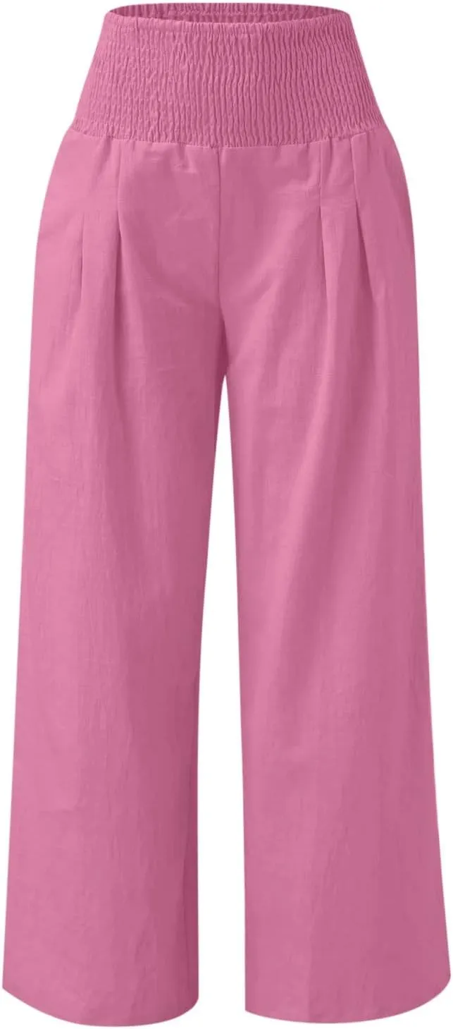 Linen Pants Women Tall High Waist Wide Leg Palazzo Boho Flowy Pants Summer Beach Vacation Lounge Trouser with Pockets