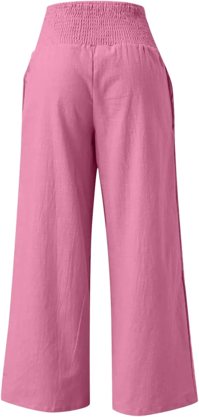 Linen Pants Women Tall High Waist Wide Leg Palazzo Boho Flowy Pants Summer Beach Vacation Lounge Trouser with Pockets