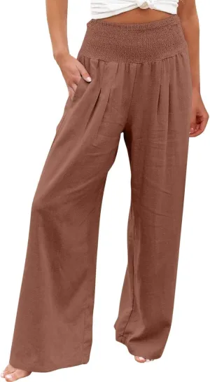 Linen Pants Women Tall High Waist Wide Leg Palazzo Boho Flowy Pants Summer Beach Vacation Lounge Trouser with Pockets