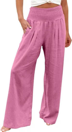 Linen Pants Women Tall High Waist Wide Leg Palazzo Boho Flowy Pants Summer Beach Vacation Lounge Trouser with Pockets