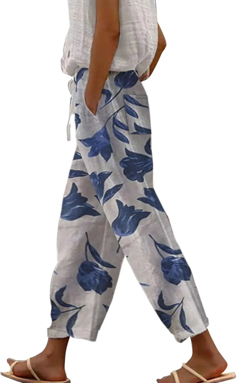 Linen Pants Women, White Cotton Pants Women, Capri High Waisted Trousers Casual Summer Beach Lounge Trousers Pantalones De Lino para Mujer Khaki XX-Large