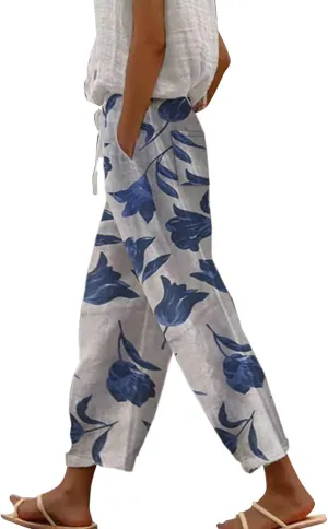 Linen Pants Women, White Cotton Pants Women, Capri High Waisted Trousers Casual Summer Beach Lounge Trousers Pantalones De Lino para Mujer Khaki XX-Large
