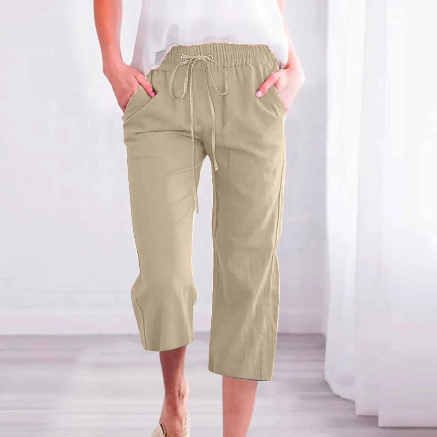 Linen Pants Women White Linen Pants Women Summer Pants 2024 Wide Leg Pants Woman Elastic Drastring Capris Trousers