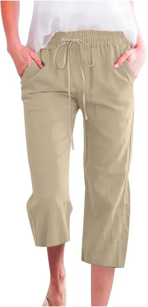 Linen Pants Women White Linen Pants Women Summer Pants 2024 Wide Leg Pants Woman Elastic Drastring Capris Trousers