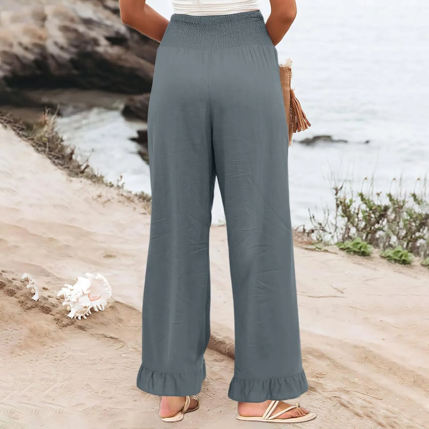 Linen Pants Women Wide Leg Flowy Palazzo Pants with Pockets Ladies Summer Casual Smocked Pull On Beach Pants 2025