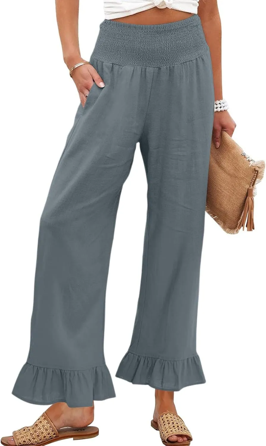Linen Pants Women Wide Leg Flowy Palazzo Pants with Pockets Ladies Summer Casual Smocked Pull On Beach Pants 2025