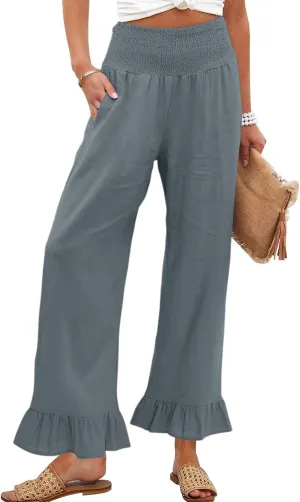 Linen Pants Women Wide Leg Flowy Palazzo Pants with Pockets Ladies Summer Casual Smocked Pull On Beach Pants 2025