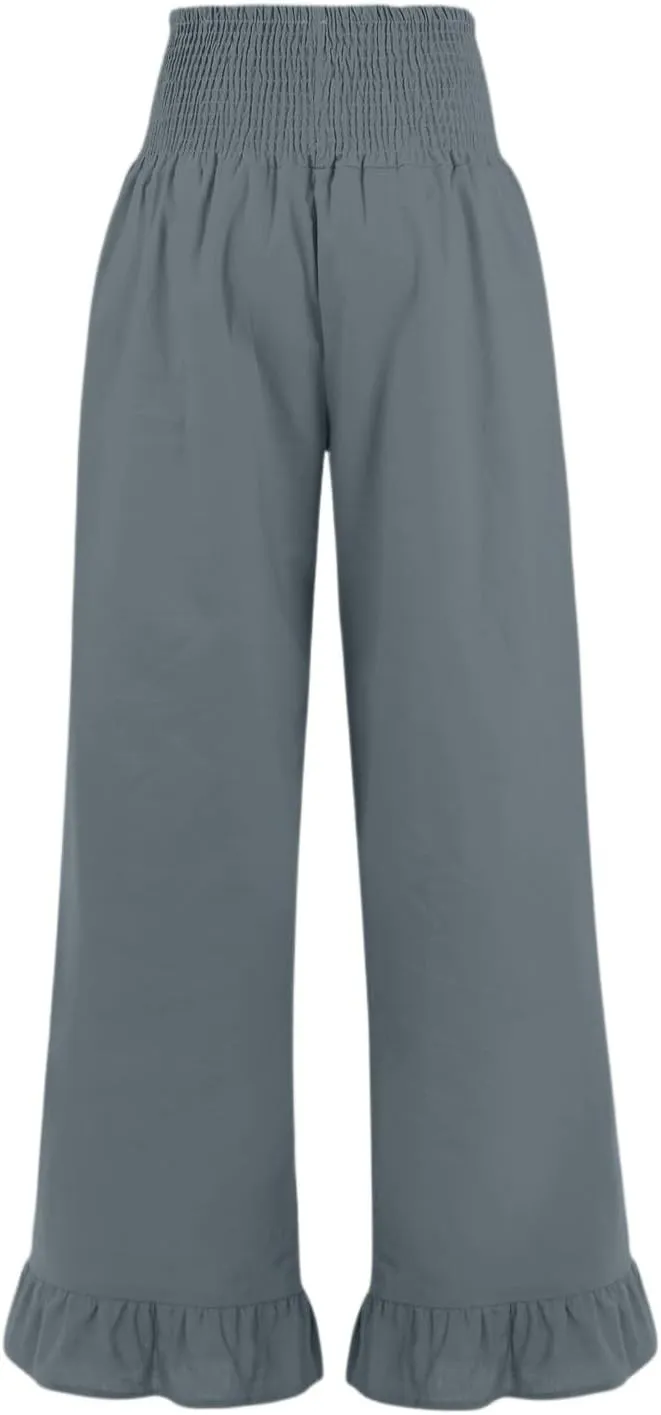 Linen Pants Women Wide Leg Flowy Palazzo Pants with Pockets Ladies Summer Casual Smocked Pull On Beach Pants 2025