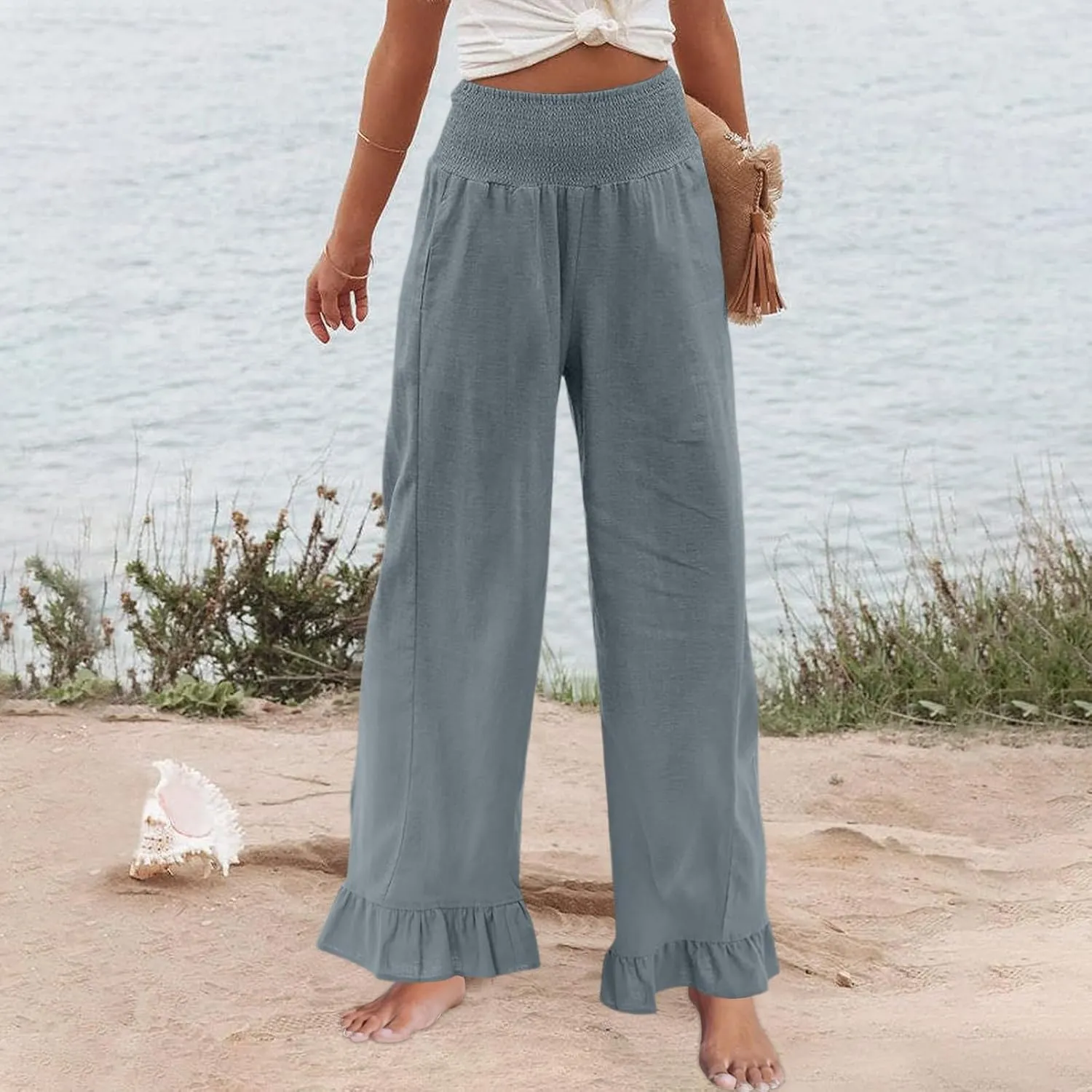 Linen Pants Women Wide Leg Flowy Palazzo Pants with Pockets Ladies Summer Casual Smocked Pull On Beach Pants 2025