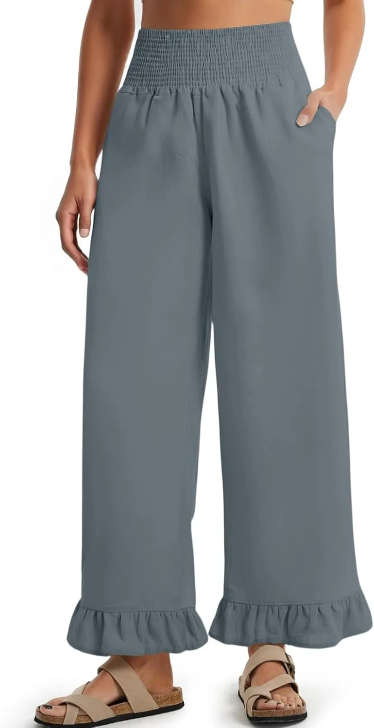 Linen Pants Women Wide Leg Flowy Palazzo Pants with Pockets Ladies Summer Casual Smocked Pull On Beach Pants 2025