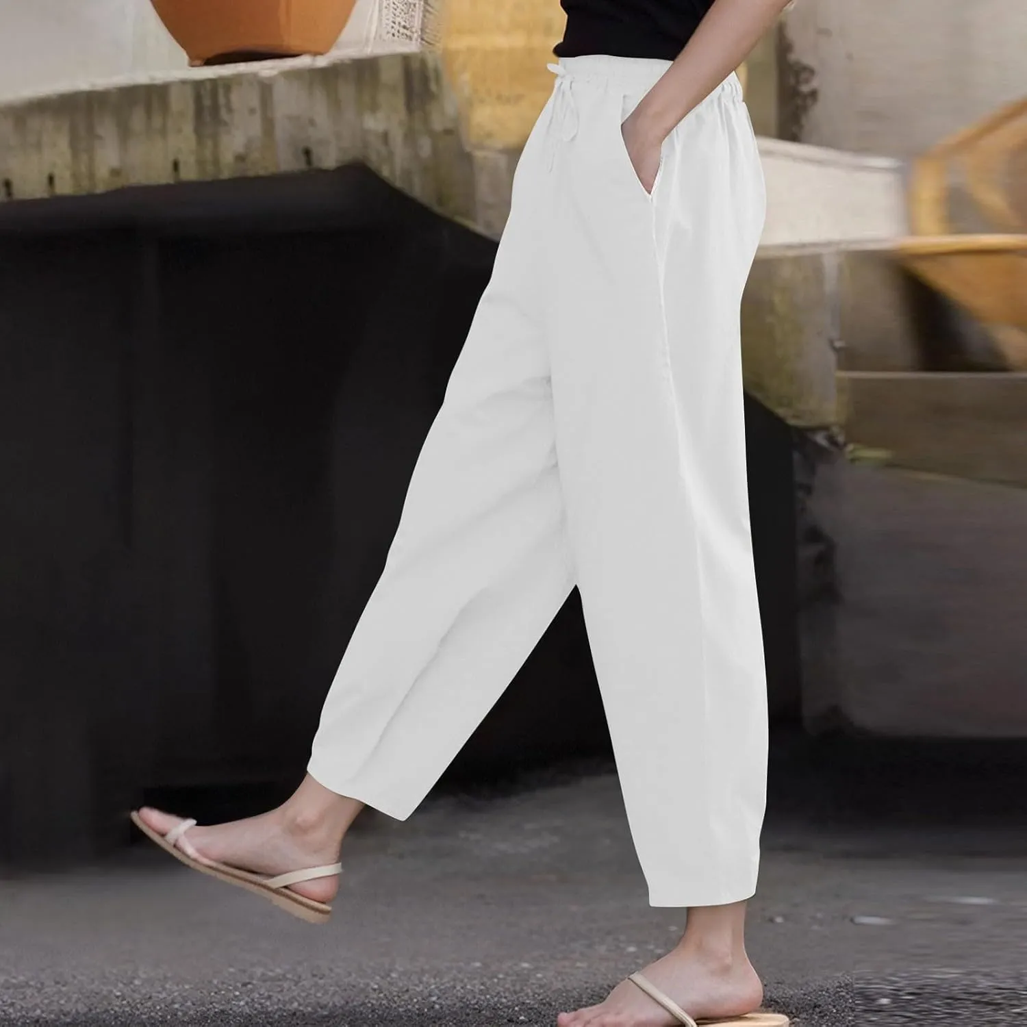 Linen Pants Women with Pockets Straight Leg Slim Fit Slacks High Elastic Waist Drawstring Palazzo Pants