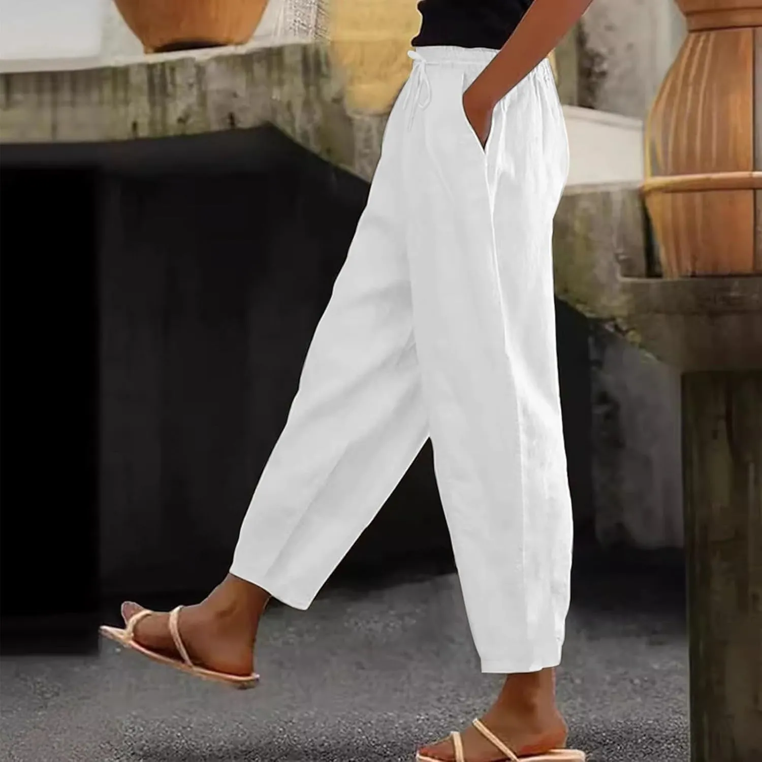 Linen Pants Women with Pockets Straight Leg Slim Fit Slacks High Elastic Waist Drawstring Palazzo Pants