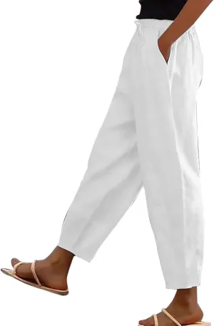Linen Pants Women with Pockets Straight Leg Slim Fit Slacks High Elastic Waist Drawstring Palazzo Pants