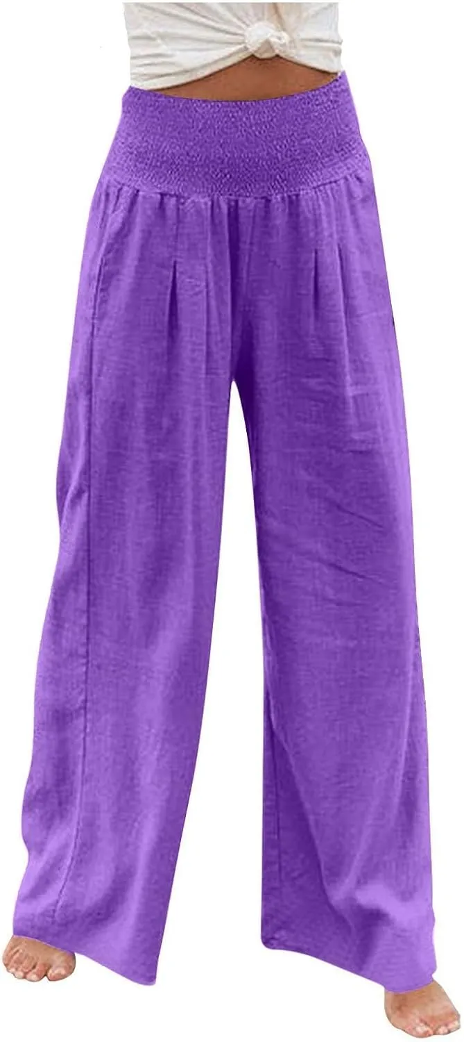 Linen Pants Women,Elastic Waist Wide Leg Palazzo Pants for Women Stretchy Trendy Vacation Trousers Plus Size