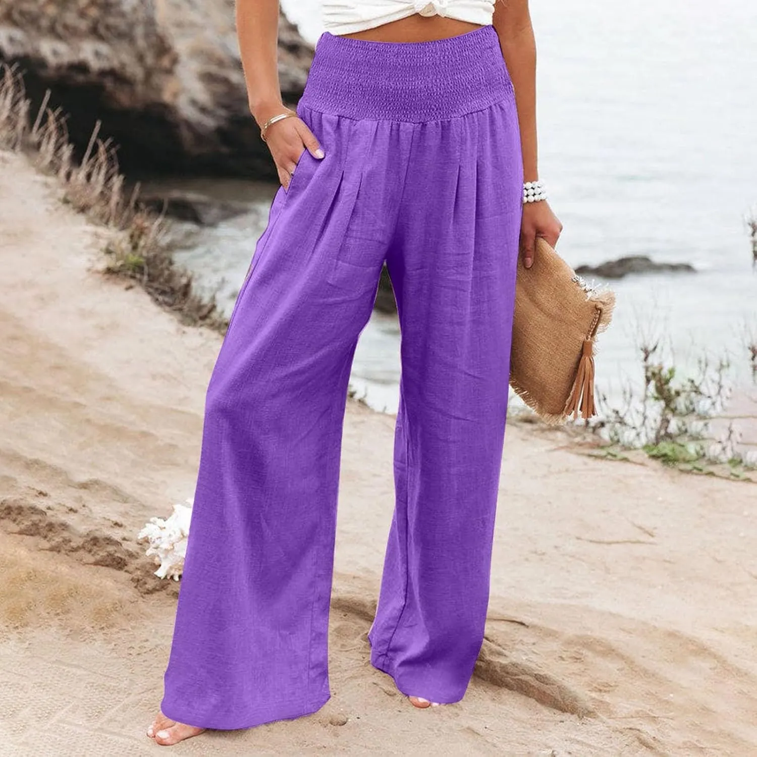 Linen Pants Women,Elastic Waist Wide Leg Palazzo Pants for Women Stretchy Trendy Vacation Trousers Plus Size