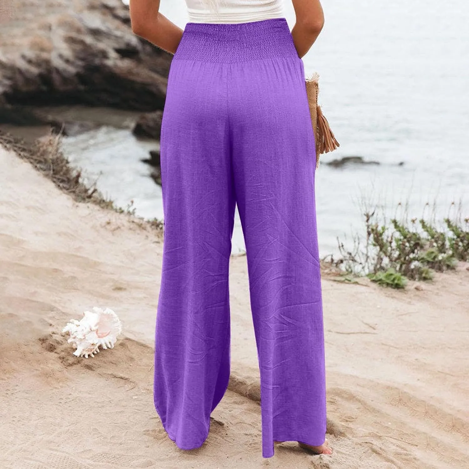 Linen Pants Women,Elastic Waist Wide Leg Palazzo Pants for Women Stretchy Trendy Vacation Trousers Plus Size
