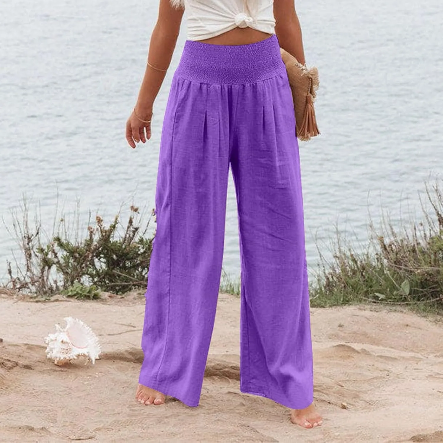 Linen Pants Women,Elastic Waist Wide Leg Palazzo Pants for Women Stretchy Trendy Vacation Trousers Plus Size