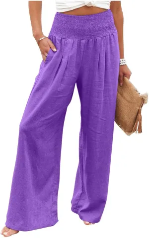 Linen Pants Women,Elastic Waist Wide Leg Palazzo Pants for Women Stretchy Trendy Vacation Trousers Plus Size
